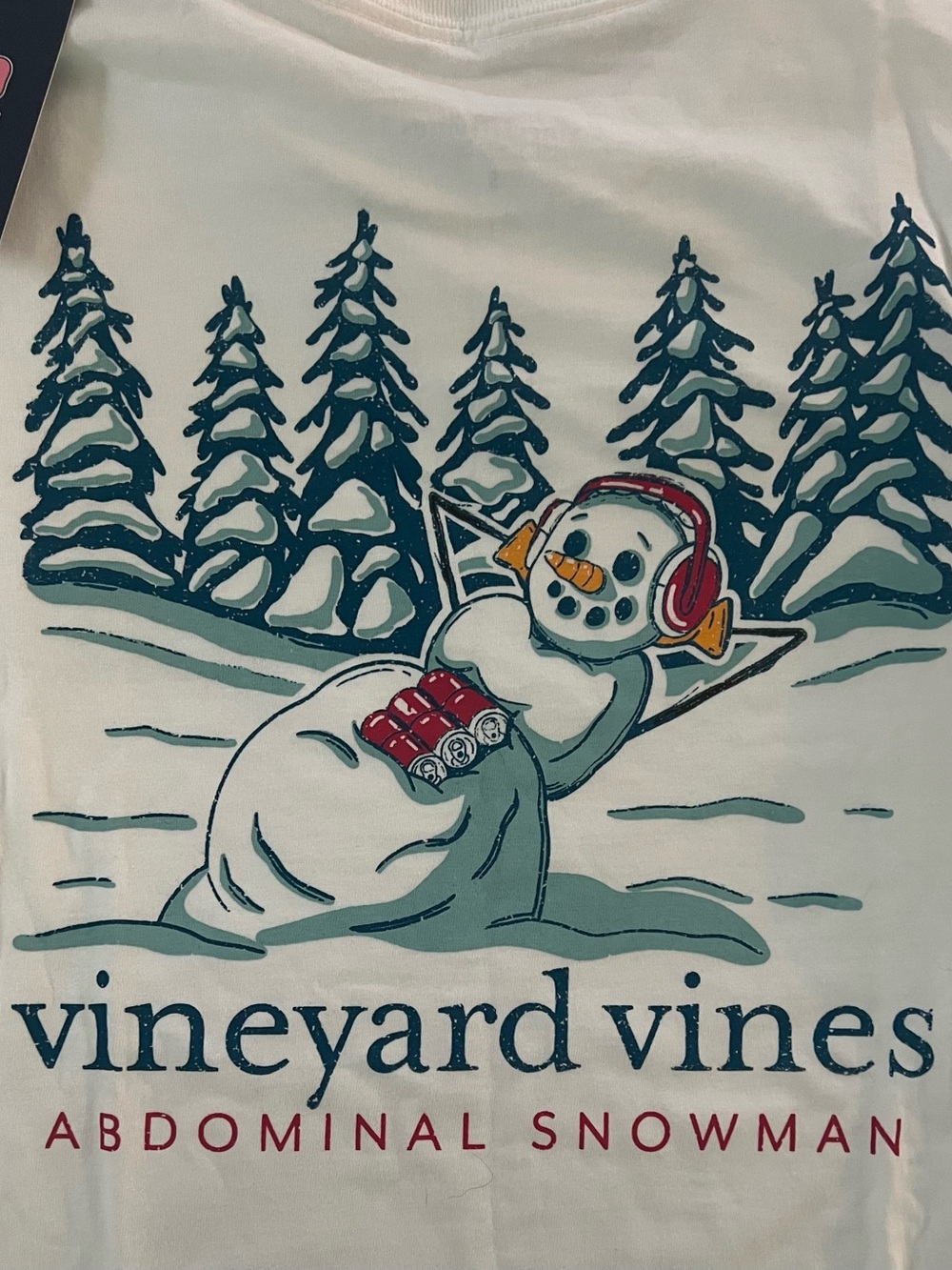 Vineyard Vines White Tee with Snowman and Pine Tree Graphic Mens S NWTs